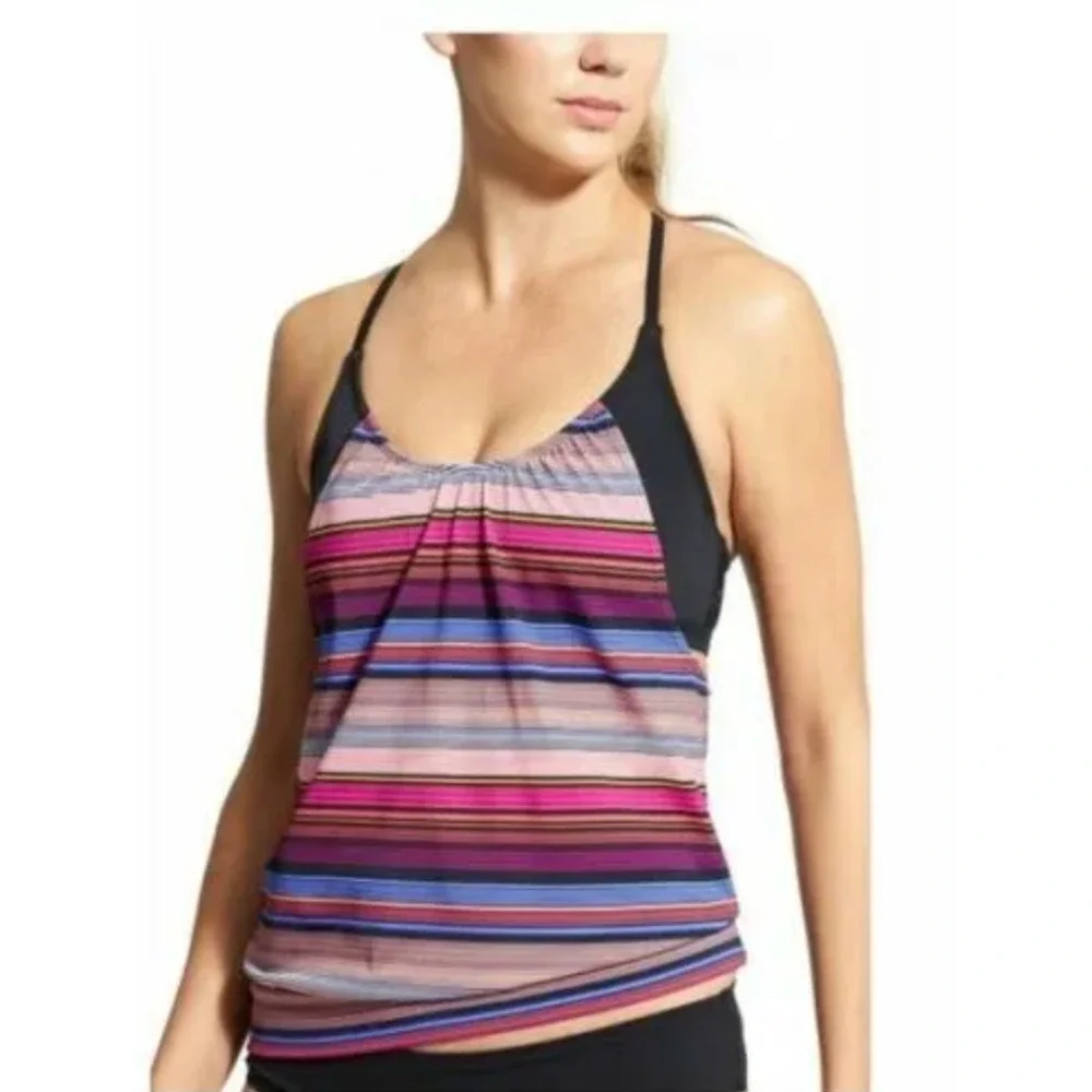 Athleta Capri Stripe Blousy Tankini Womens 34 B/C Shelf Bra Padded Strappy Back